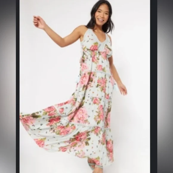 Rue21 Dresses | Rue 21 Blue Floral Print Tiered Maxi Dress Womens Size SM | Color: Blue/Pink | Size: S | Chantalgrugel's Closet